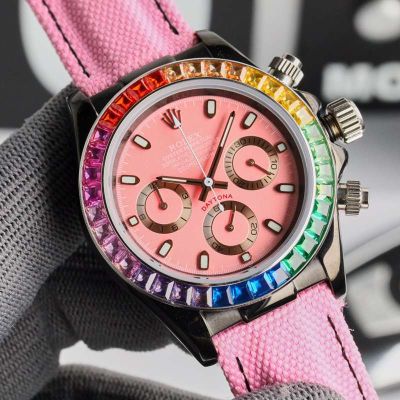 ROLEX Daytona 43MM Quartz Movement Stainless Steel Case Canvas Bracelet Red Watch